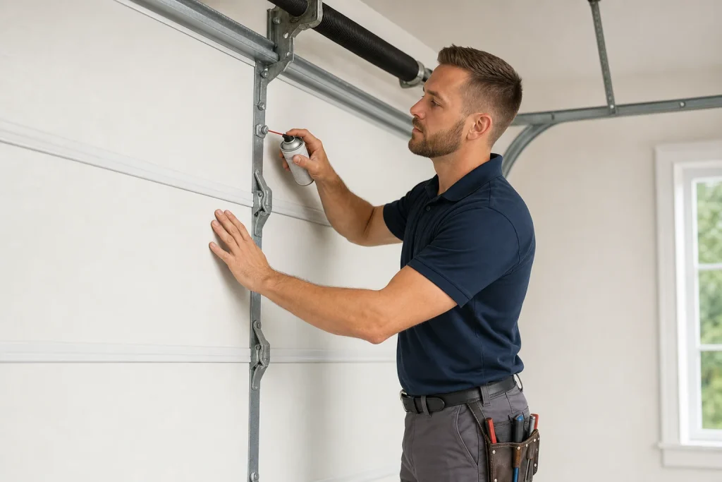 Garage door maintenance checklist - technician inspecting garage door in Chesapeake VA