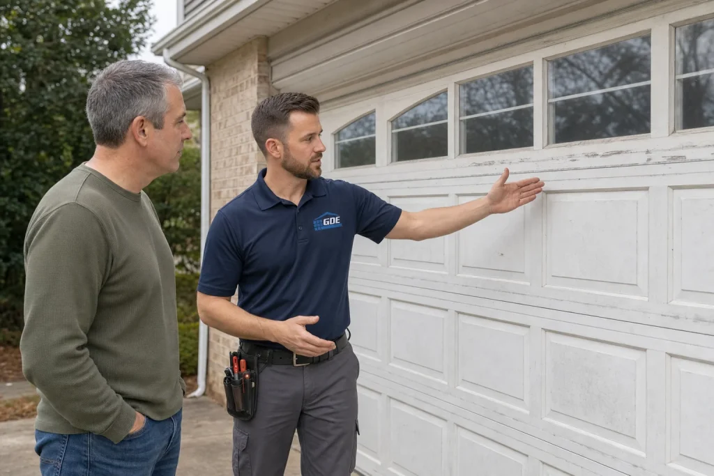 Garage door technician advising homeowner on repair vs replacement decision