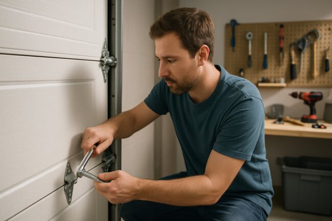 Homeowner safely tightening garage door hinge bolt - DIY garage door maintenance Chesapeake VA