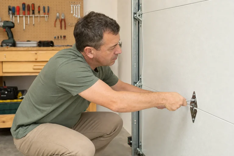 Homeowner safely tightening garage door hinge bolt - DIY garage door maintenance Chesapeake VA