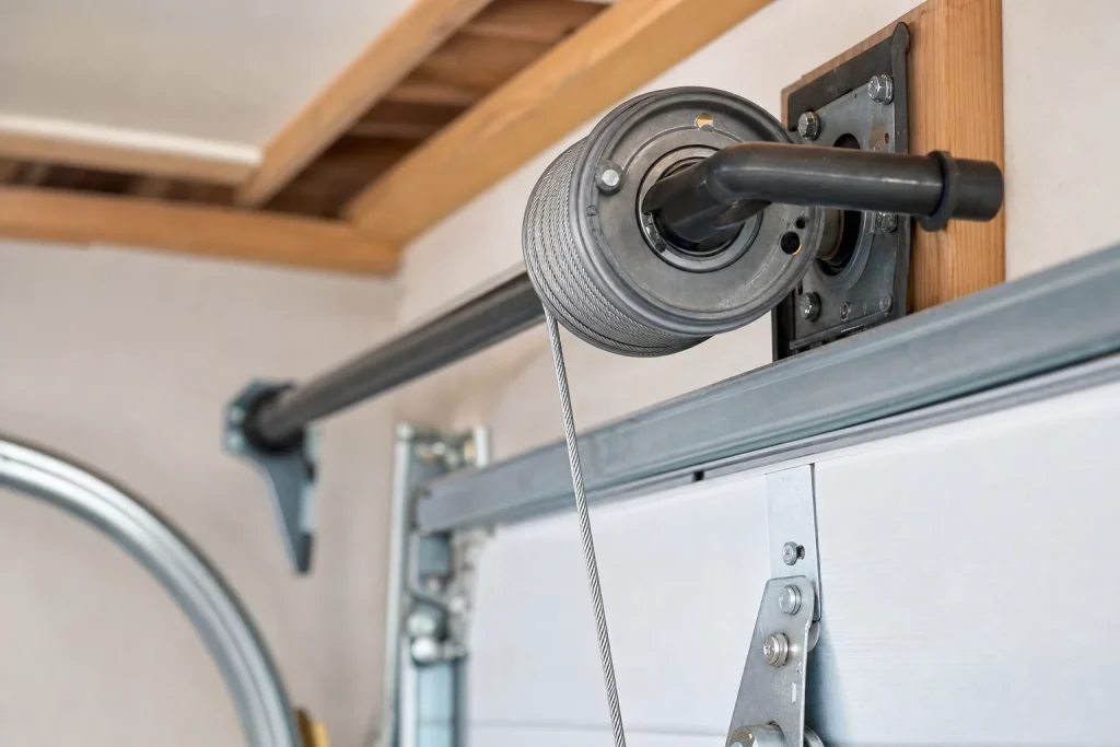 Garage door lift cable and drum assembly close-up - cable repair Chesapeake VA