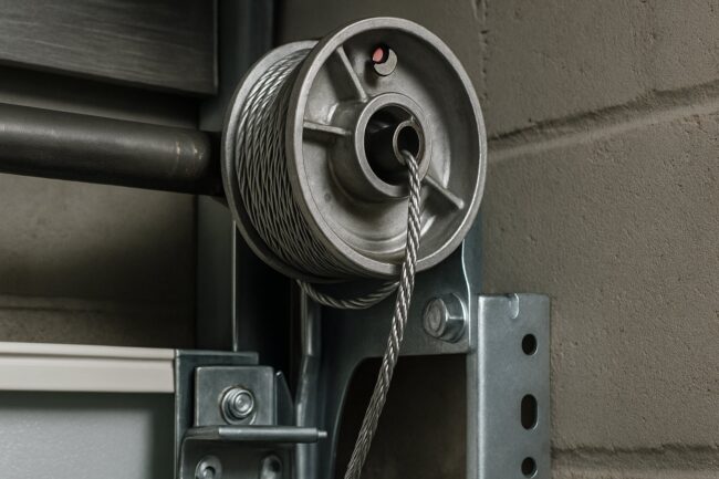 Garage door lift cable and drum assembly close-up - cable repair Chesapeake VA