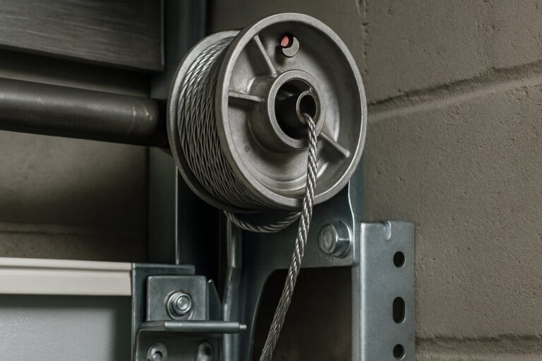 Garage door lift cable and drum assembly close-up - cable repair Chesapeake VA