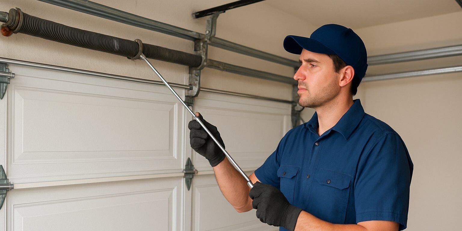 garage-door-maintenance-checklist Garage door maintenance checklist - technician inspecting garage door in Chesapeake VA