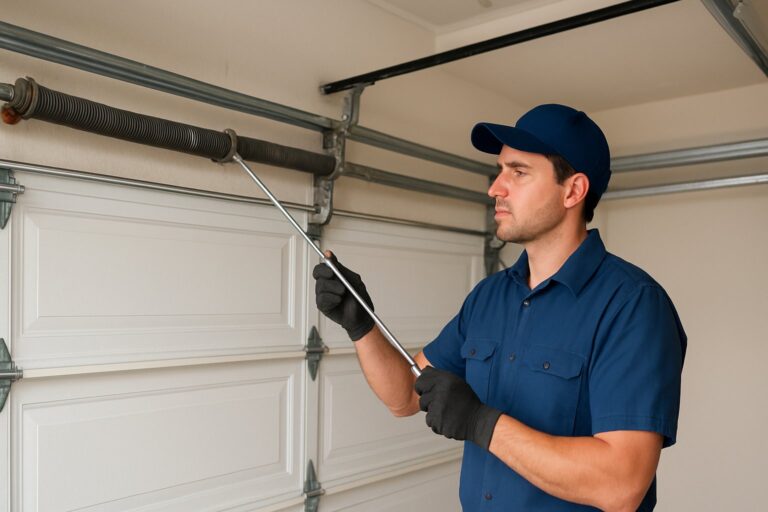 garage-door-maintenance-checklist Garage door maintenance checklist - technician inspecting garage door in Chesapeake VA
