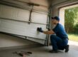 Garage door off track repair in Chesapeake VA - technician realigning misaligned door
