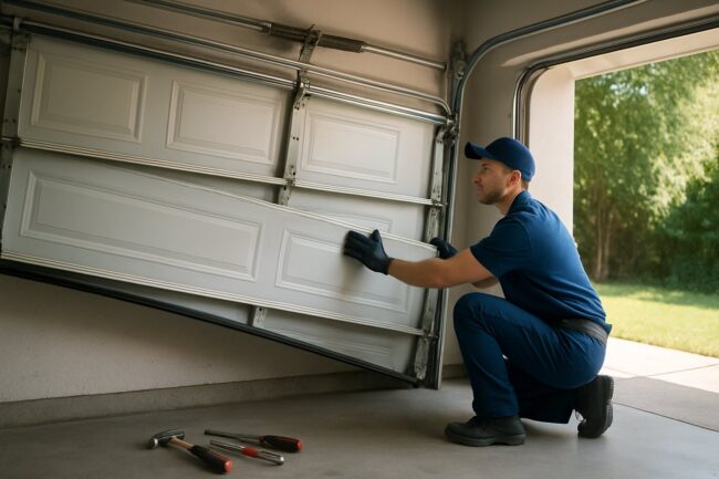 Garage door off track repair in Chesapeake VA - technician realigning misaligned door