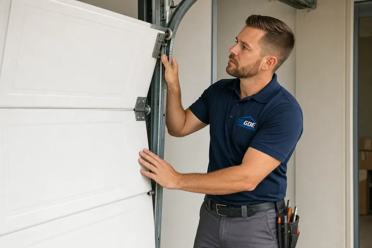 Garage door off track repair in Chesapeake VA - technician realigning misaligned door