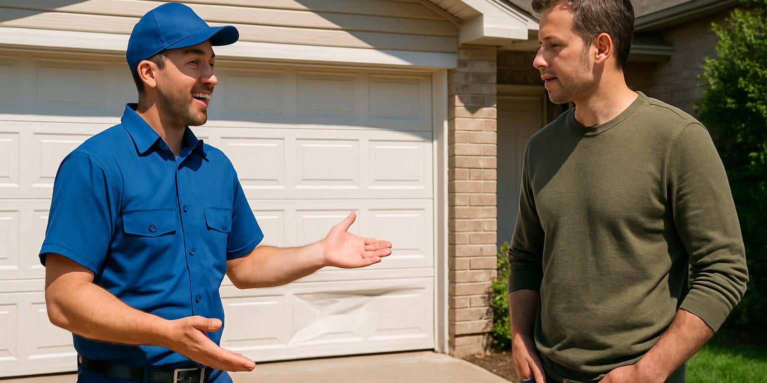 garage-door-repair-vs-replace Garage door technician advising homeowner on repair vs replacement decision