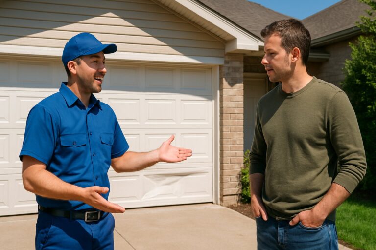 garage-door-repair-vs-replace Garage door technician advising homeowner on repair vs replacement decision