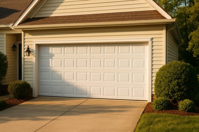 Insulated steel garage door on a suburban Virginia home - energy efficient garage door Chesapeake