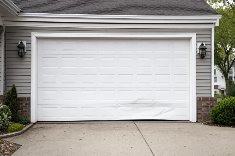 Dented garage door panel after vehicle impact - panel replacement Chesapeake VA