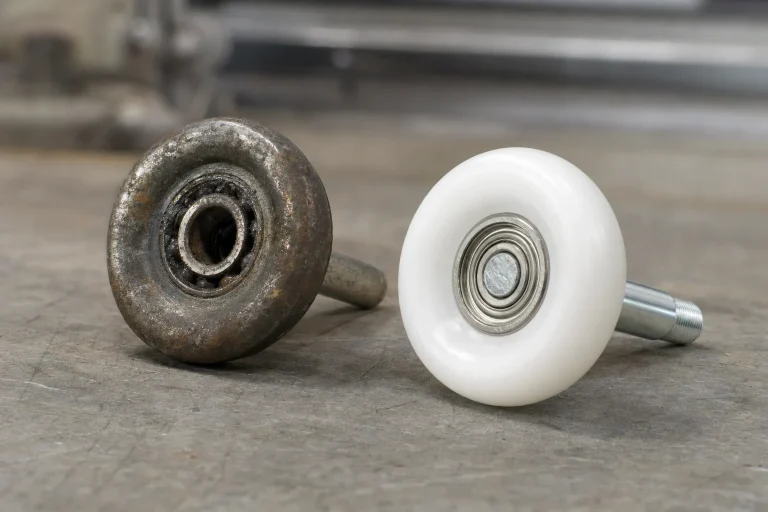 Worn steel garage door roller next to new sealed nylon roller - roller replacement Chesapeake VA