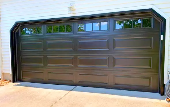Long panel black 16 x 7 with glass and stockton inserts garage door - Garage Door Enterprises, Chesapeake VA