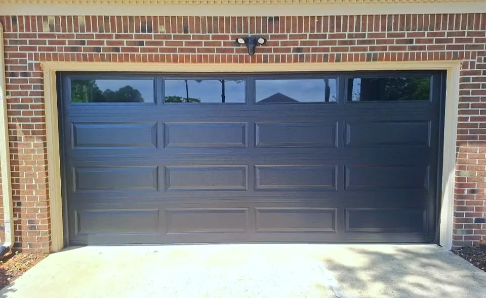 Long panel black with clear glass 16 x 7 garage door - Garage Door Enterprises, Chesapeake VA